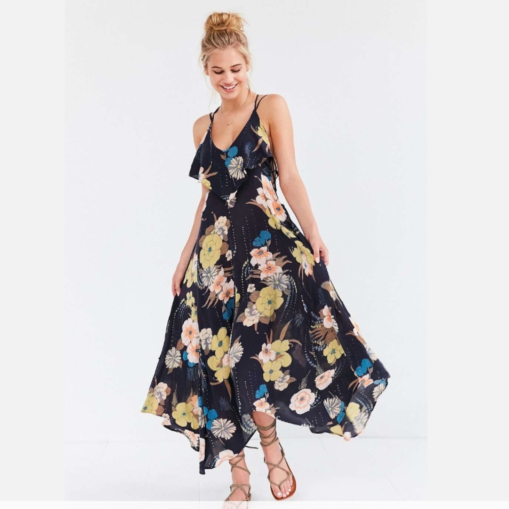 Floral Ruffle Midi Dress - Black with Multi Floral